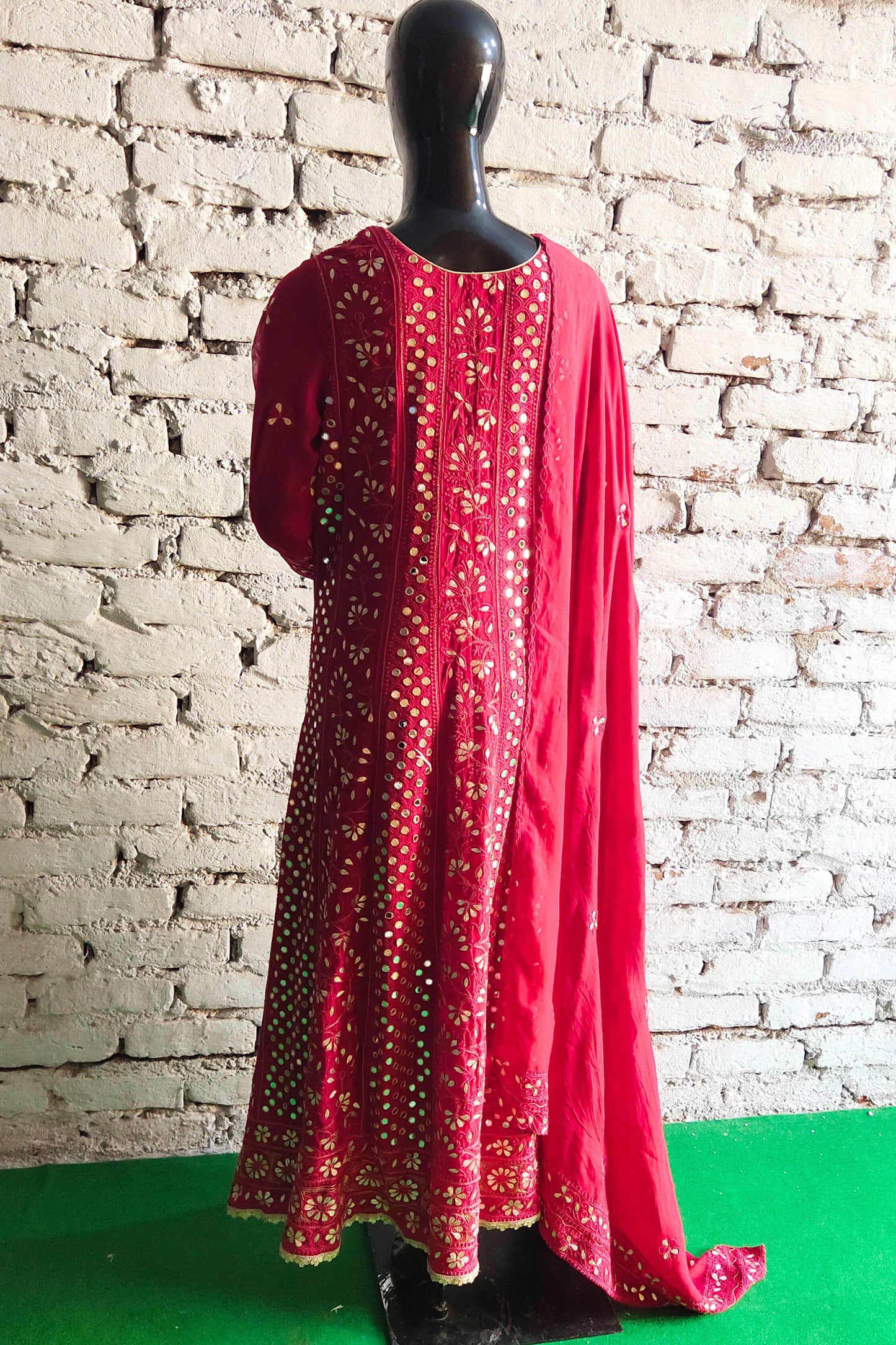 Deep Red Chikankari Anarkali Suit with Gotta Patti and Mirror