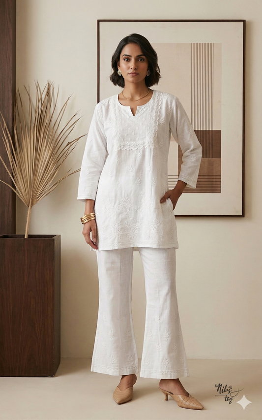 Saadgi White Chikankari Co-Ord Set
