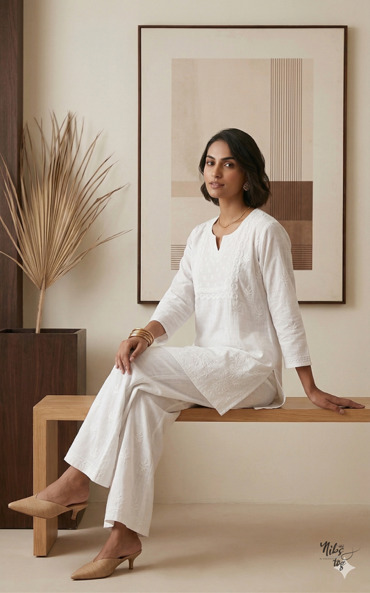 Saadgi White Chikankari Co-Ord Set