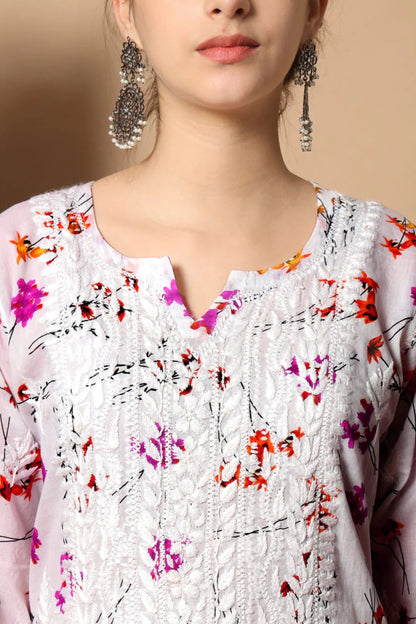 Floral Print Anisa White Chikankari Straight Kurta