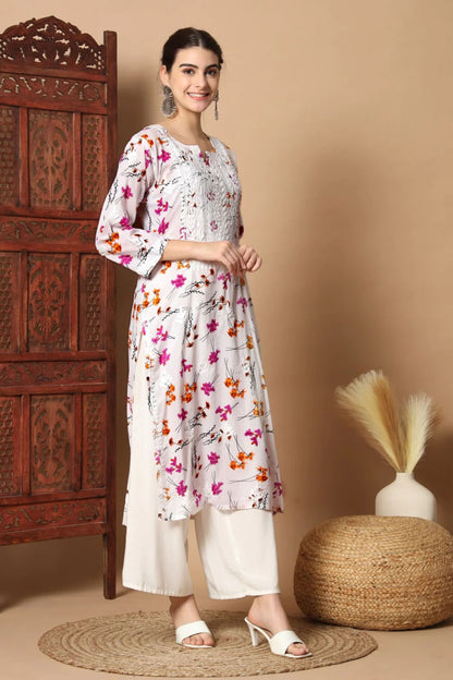 Floral Print Anisa White Chikankari Straight Kurta