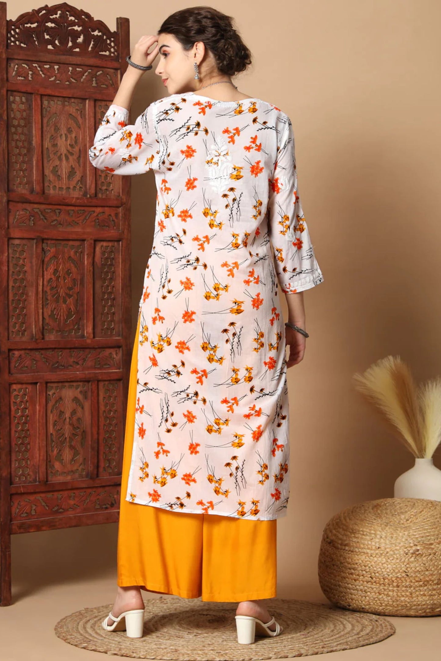 White Anisa Straight Chikankari Kurta Mulmul Printed