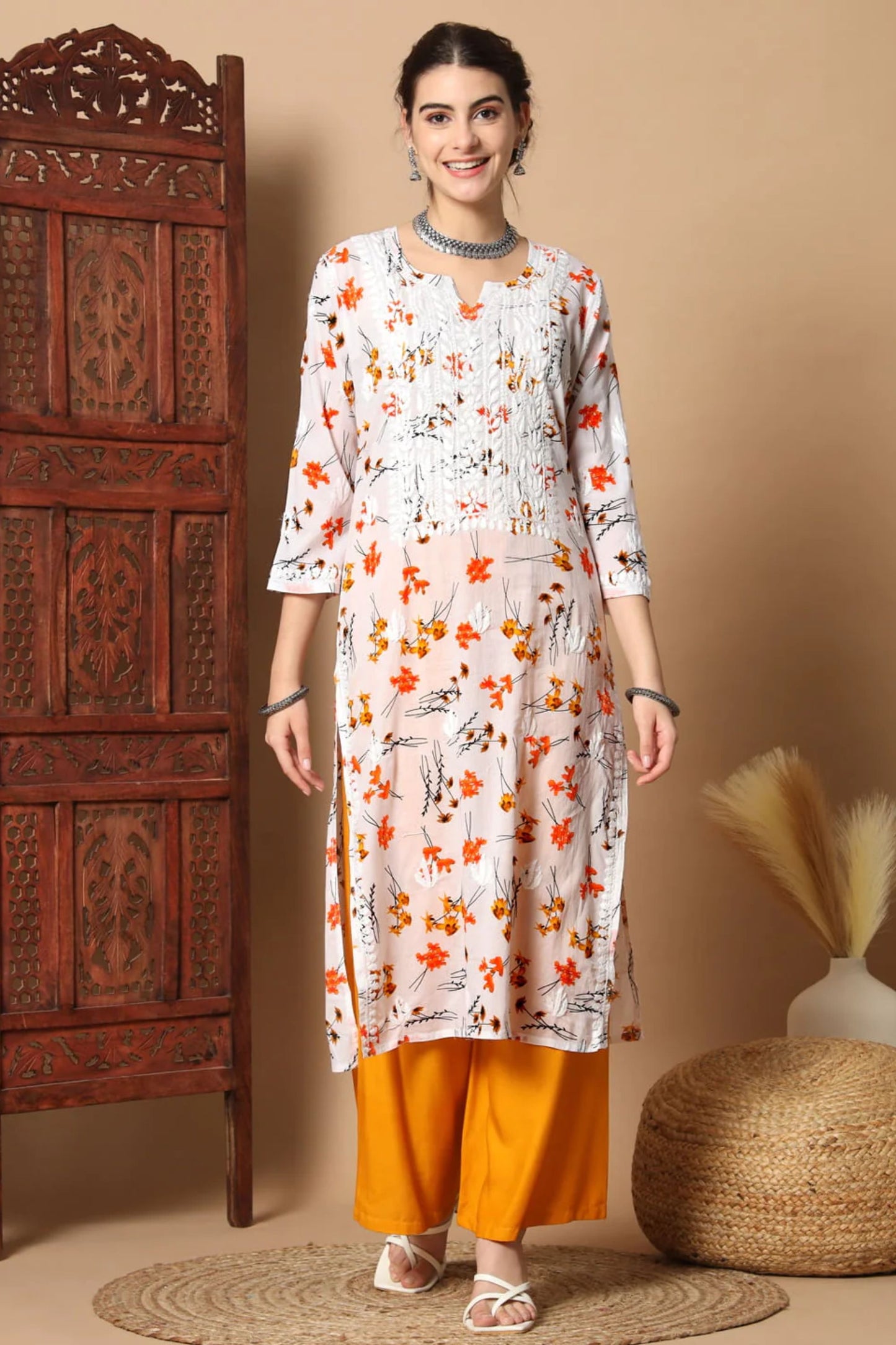 White Anisa Straight Chikankari Kurta Mulmul Printed