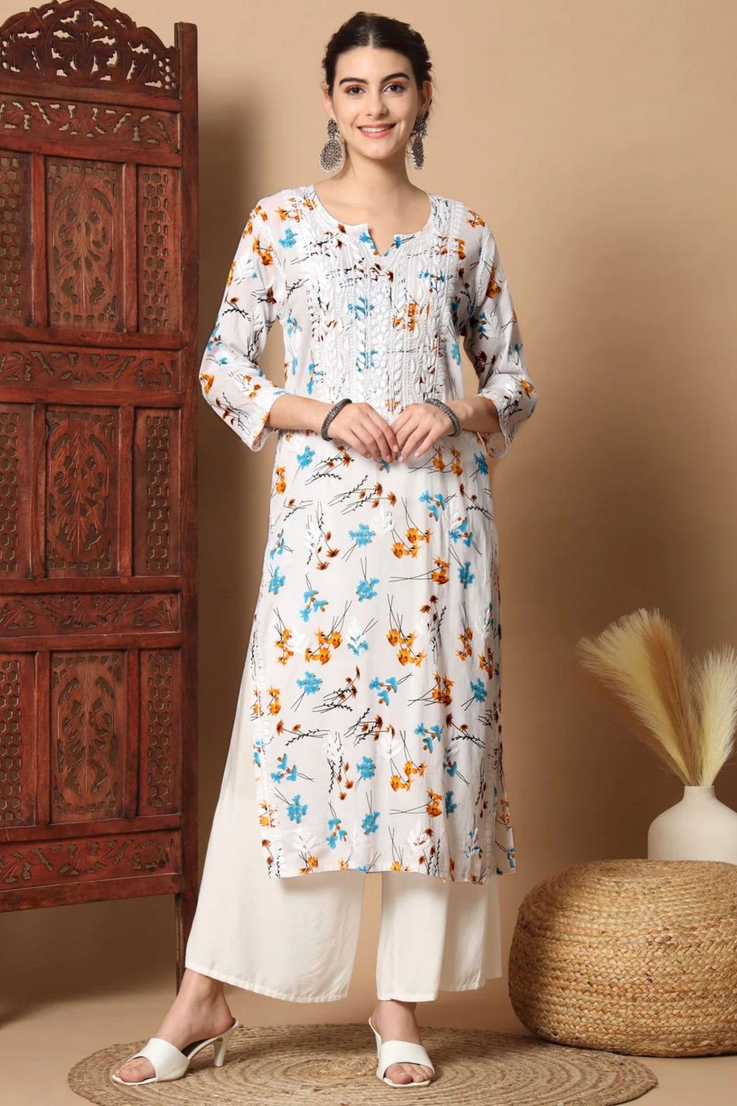 Floral Print Anisa White & Blue Chikankari Straight Kurta