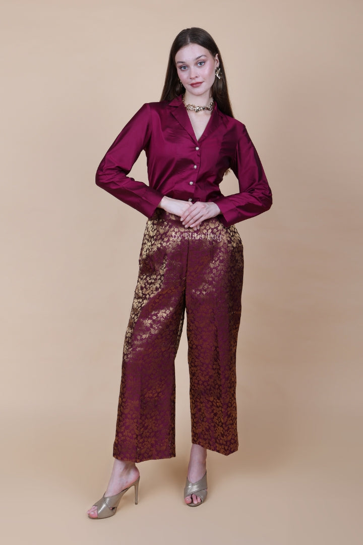 Wine Brocade Pants with Silk Shirt Set